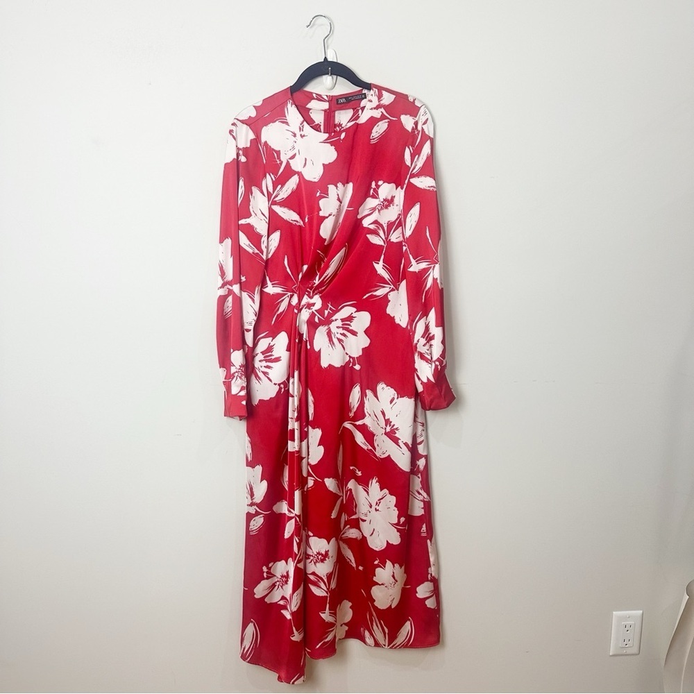 Zara Red Satin Floral Long Sleeve Dress - Picture 2 of 9